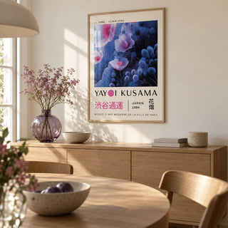 Purple Abstract Wall Art, framed on the wall of a calm dining room with a warm white wall