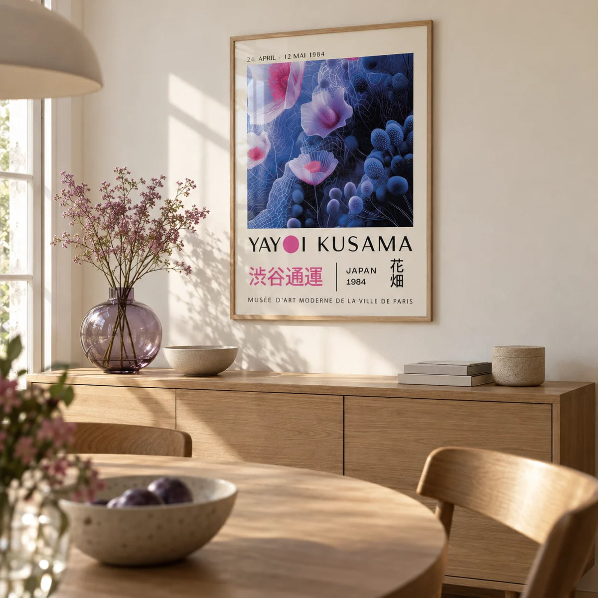 Purple Abstract Wall Art, framed on the wall of a calm dining room with a warm white wall