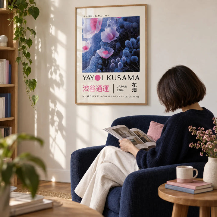 Purple Abstract Wall Art, framed on the wall of a calm reading corner with a warm white wall in a living room