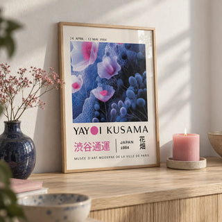 Purple Abstract Wall Art, a small A4 framed print leaning on a pale oak shelf in a living room
