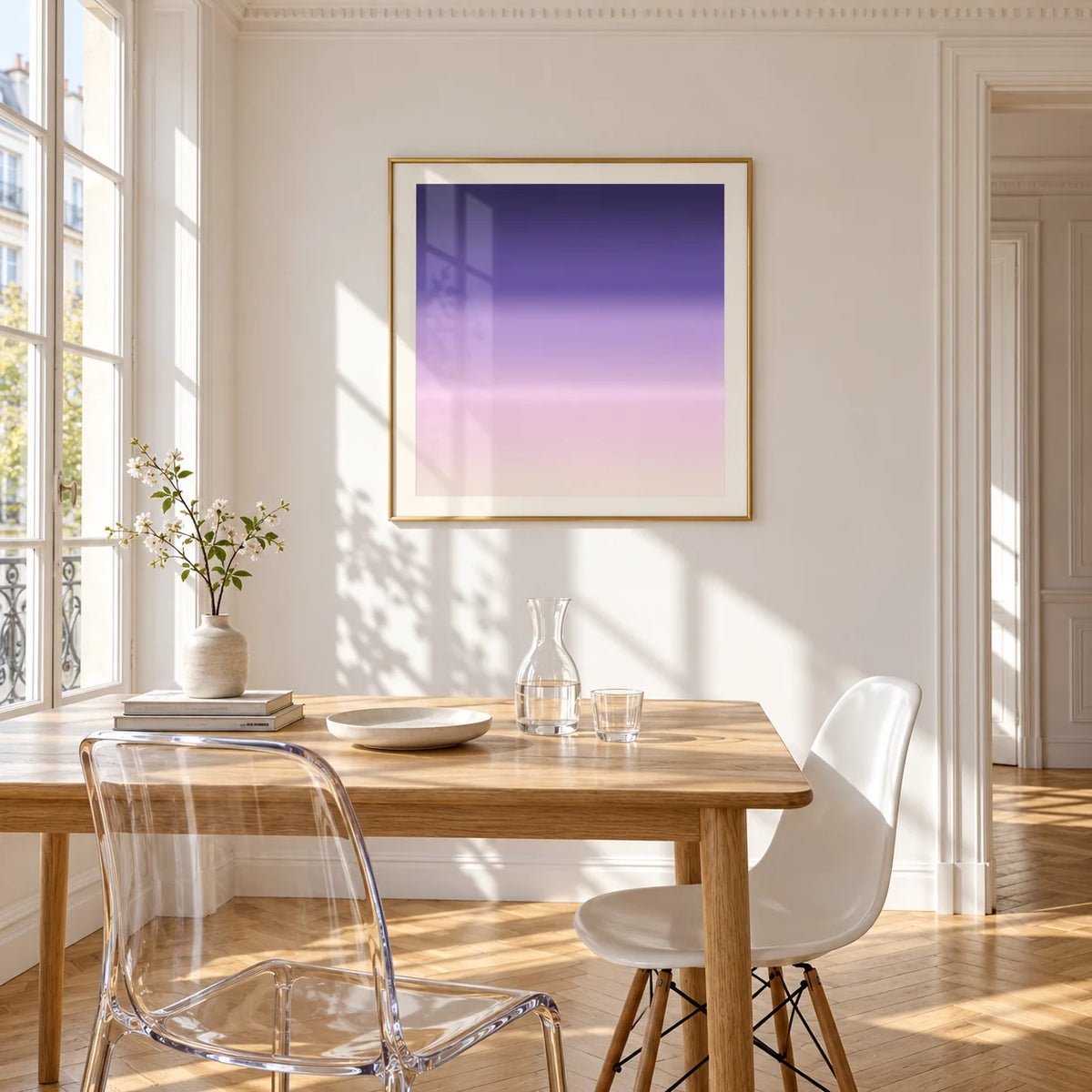 Purple and Pink Wall Art, framed on the wall of a bright dining corner