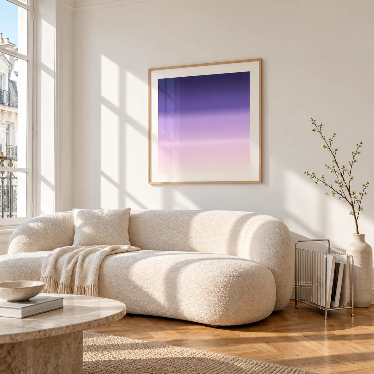 Purple and Pink Wall Art, framed on the wall of a bright living room corner