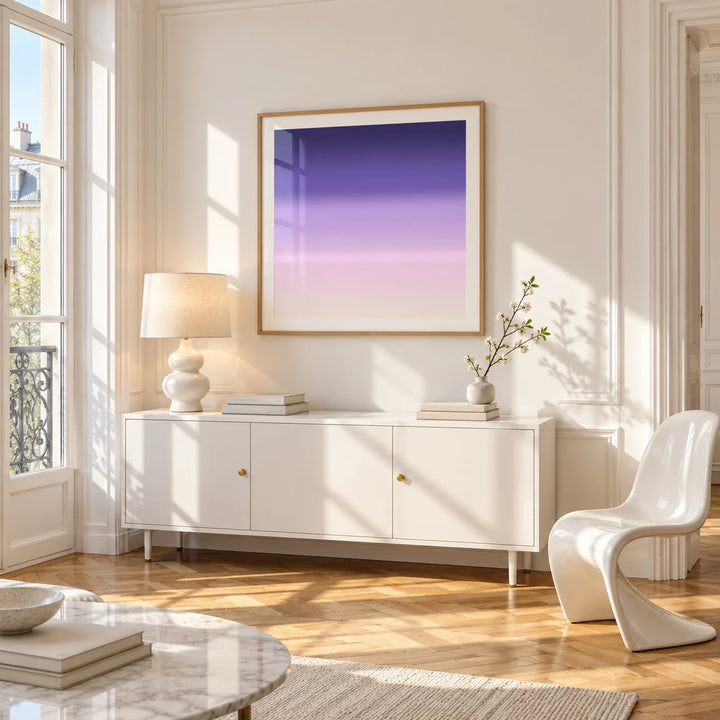 Purple and Pink Wall Art, framed on the wall of a bright Paris style apartment in a living room