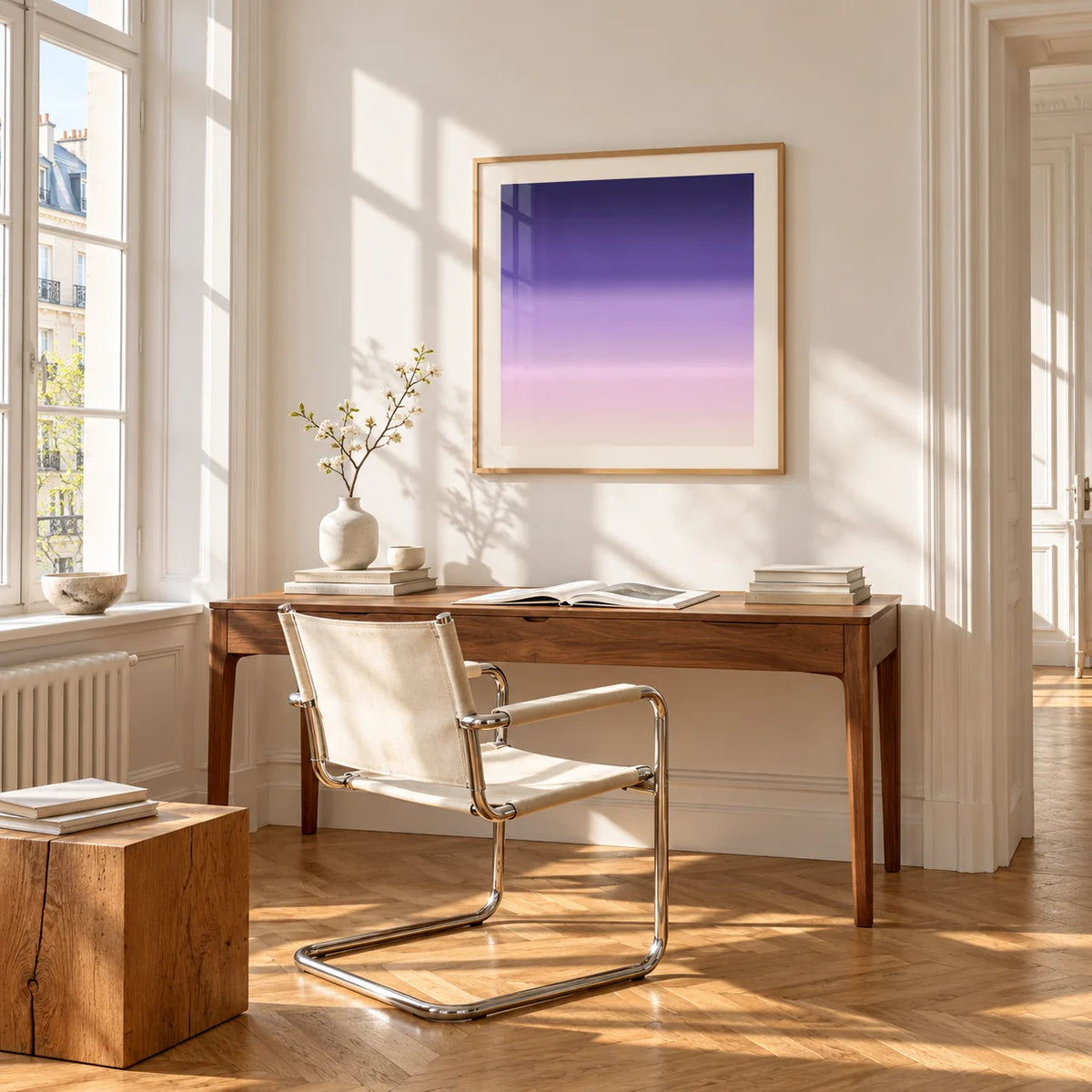 Purple and Pink Wall Art, framed on the wall of a bright study corner with a tall white paned window
