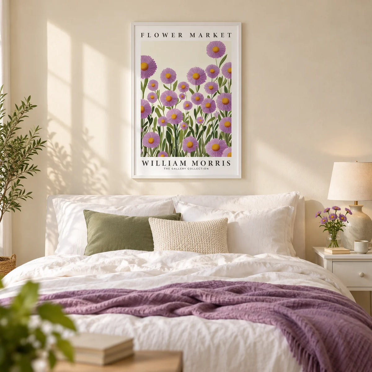 Purple Floral Wall Art, framed on the wall of a calm bedroom with a warm cream wall