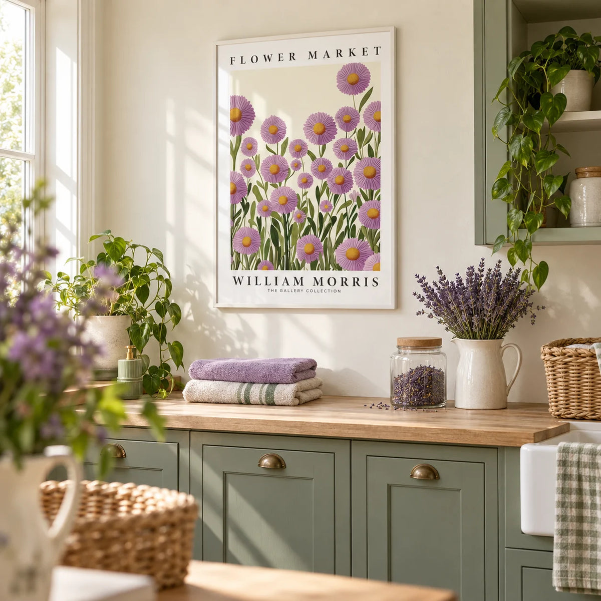 Purple Floral Wall Art, framed on the wall of a cheerful utility room with sage green cabinets and a cream wall in a laundry room