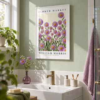 Purple Floral Wall Art, framed on the wall of a fresh bathroom with a soft green painted wall and plain white tiles