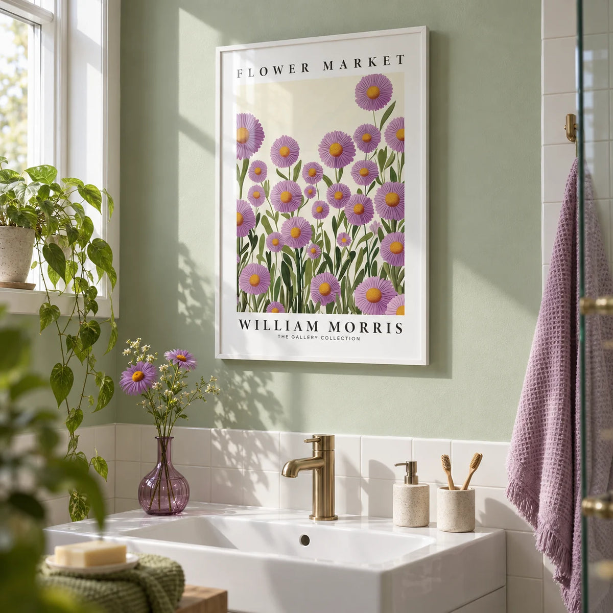 Purple Floral Wall Art, framed on the wall of a fresh bathroom with a soft green painted wall and plain white tiles