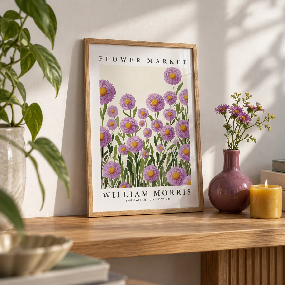 Purple Floral Wall Art, a small A4 framed print leaning on an oak shelf in a living room