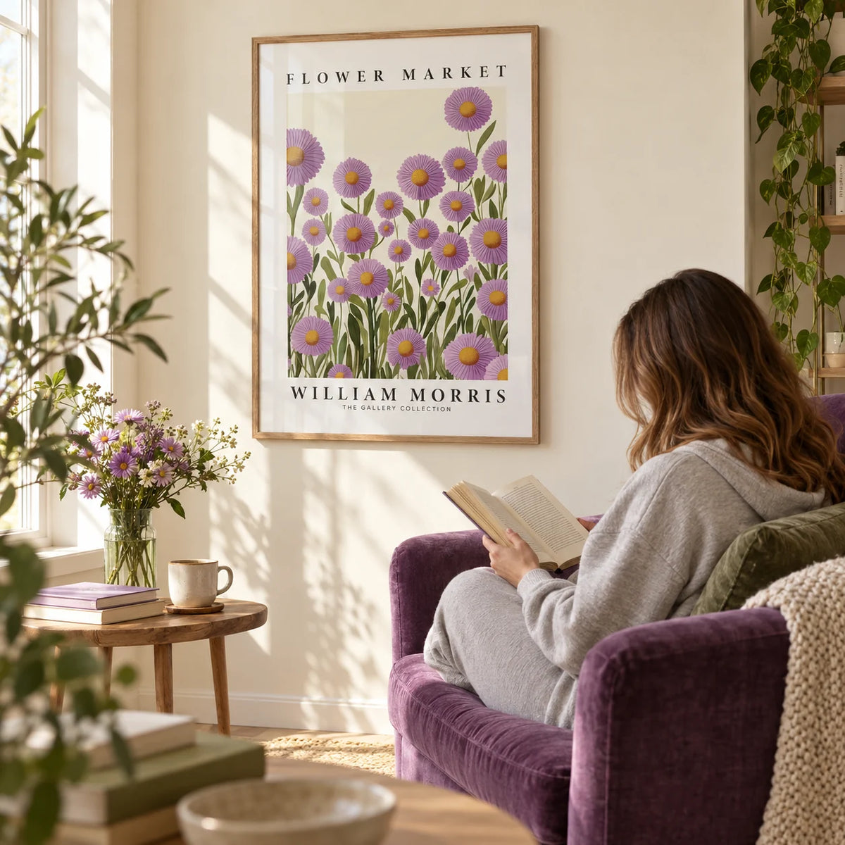 Purple Floral Wall Art, framed on the wall of a sunny reading corner with a pale cream wall in a living room