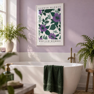 Purple Flower Artwork, framed on the wall of a calm bathroom with a soft lilac painted wall and plain white tiles