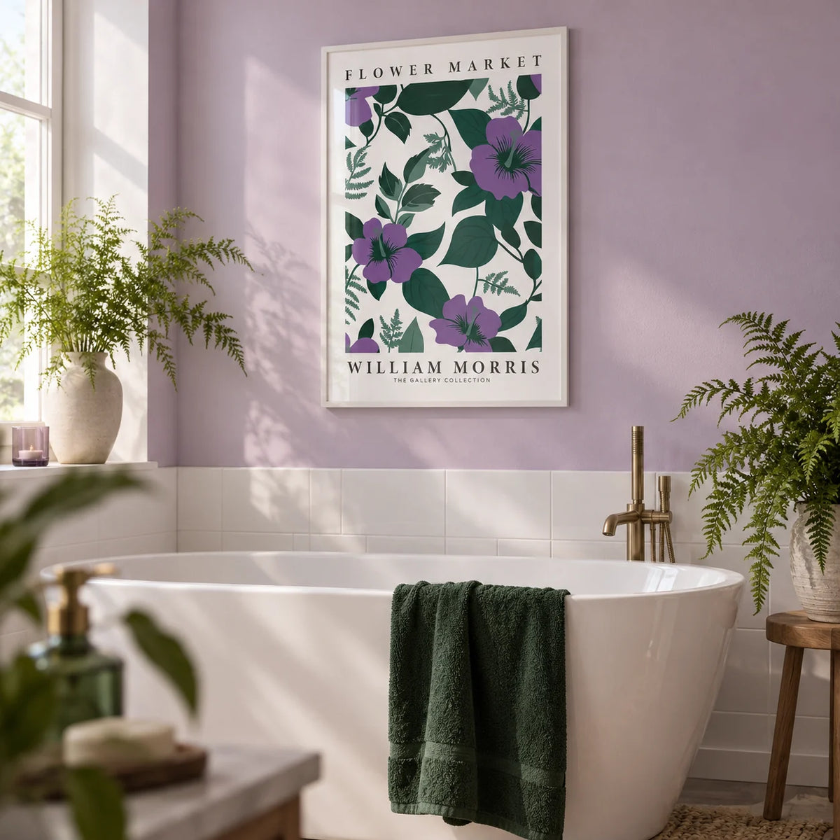 Purple Flower Artwork, framed on the wall of a calm bathroom with a soft lilac painted wall and plain white tiles