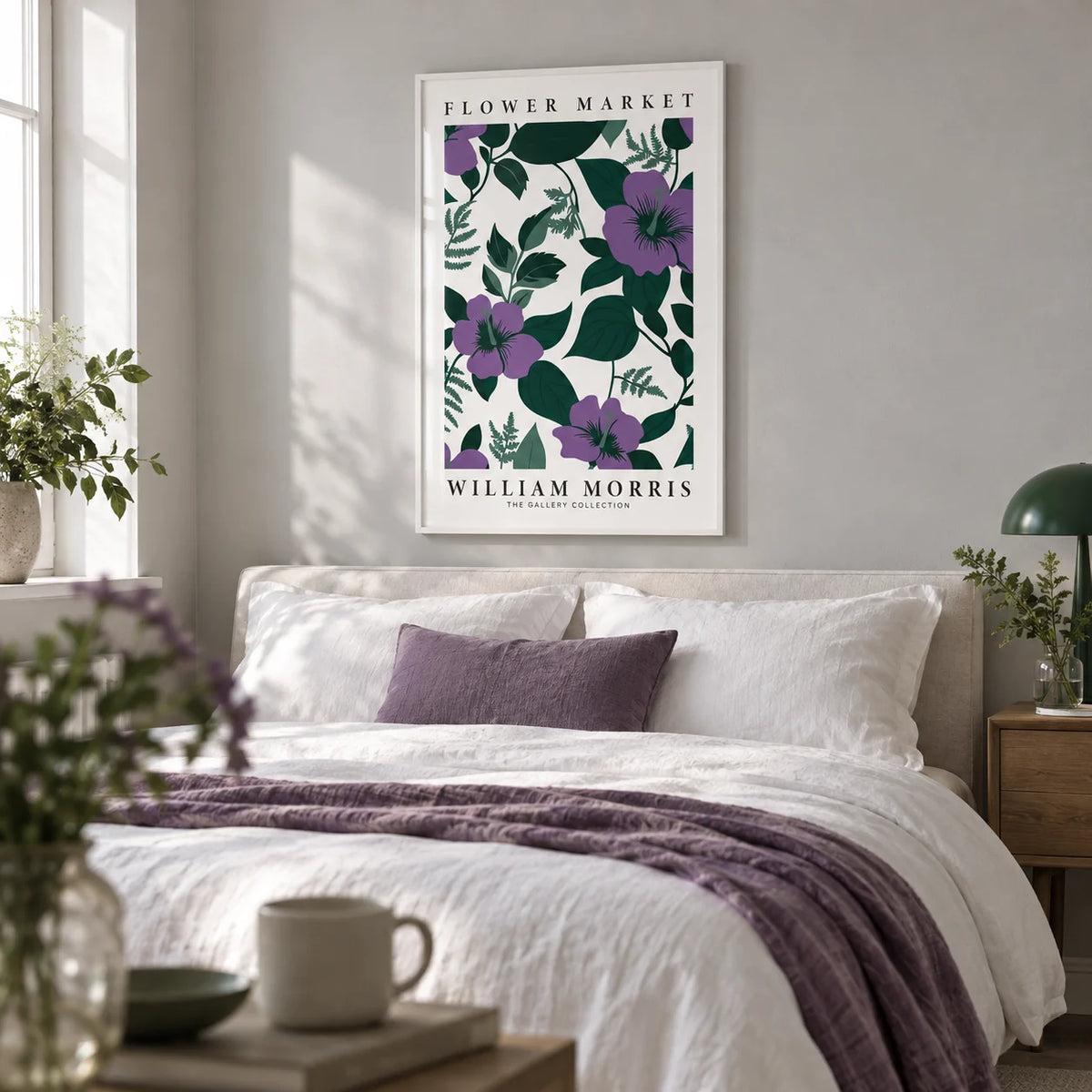 Purple Flower Artwork, framed on the wall of a calm bedroom with a pale grey wall