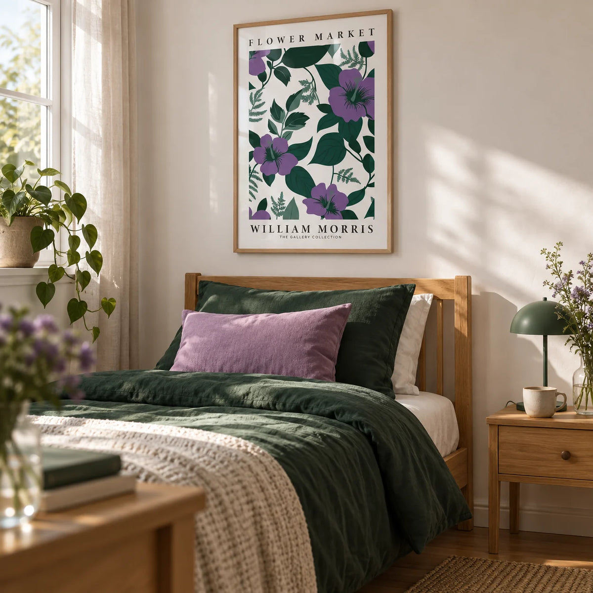 Purple Flower Artwork, framed on the wall of a calm single guest bedroom with a white wall