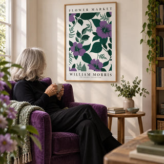 Purple Flower Artwork, framed on the wall of a quiet reading corner with a warm white wall in a living room