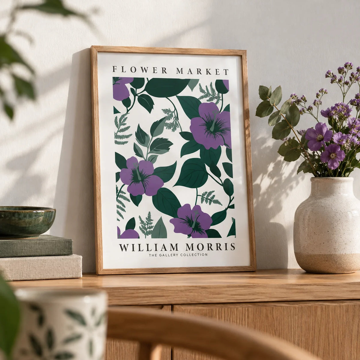 Purple Flower Artwork, a small A4 framed print leaning on an oak shelf in a living room