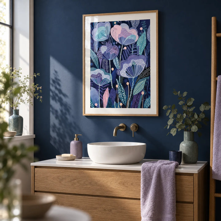 Purple Flower Poster, framed on the wall of a calm bathroom with a deep navy painted wall