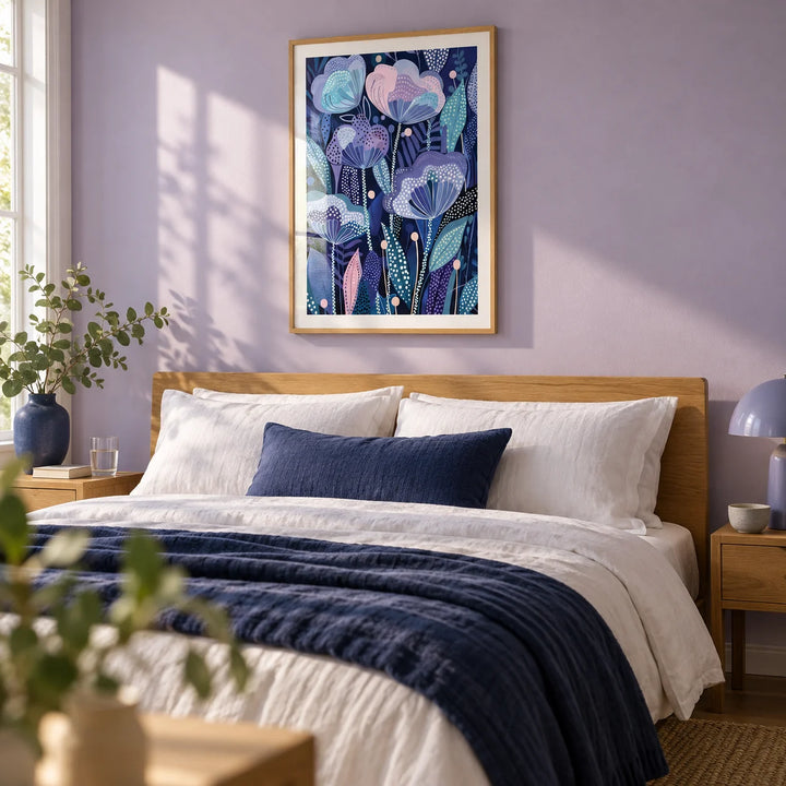 Purple Flower Poster, framed on the wall of a calm bedroom with a soft lavender wall