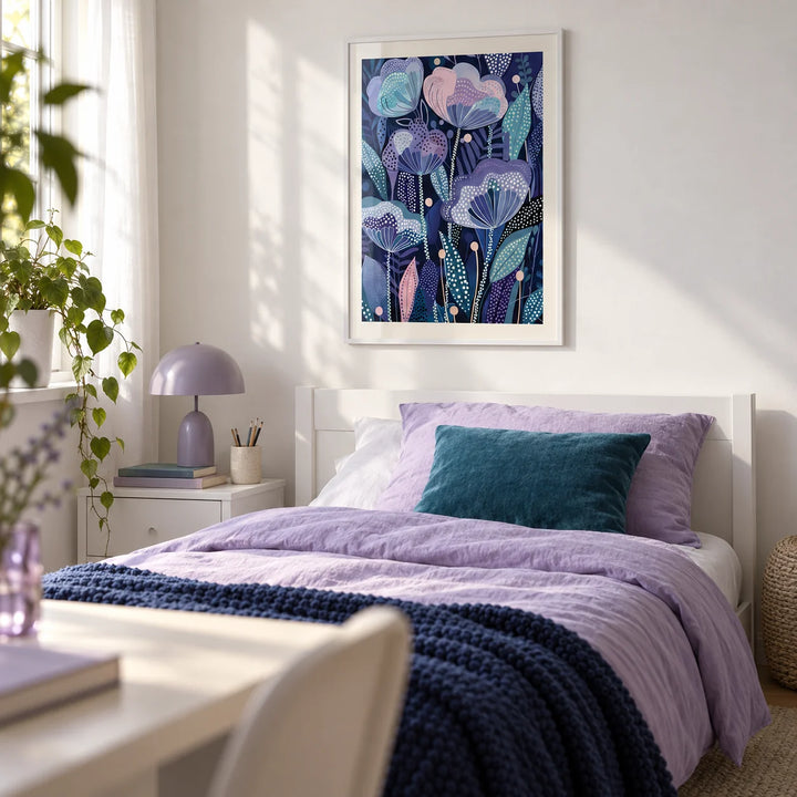 Purple Flower Poster, framed on the wall of a calm single bedroom for a teen girl (13-17) with a white wall