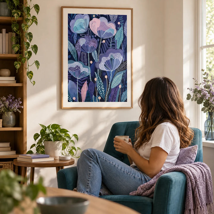 Purple Flower Poster, framed on the wall of a quiet reading corner with a warm white wall in a living room