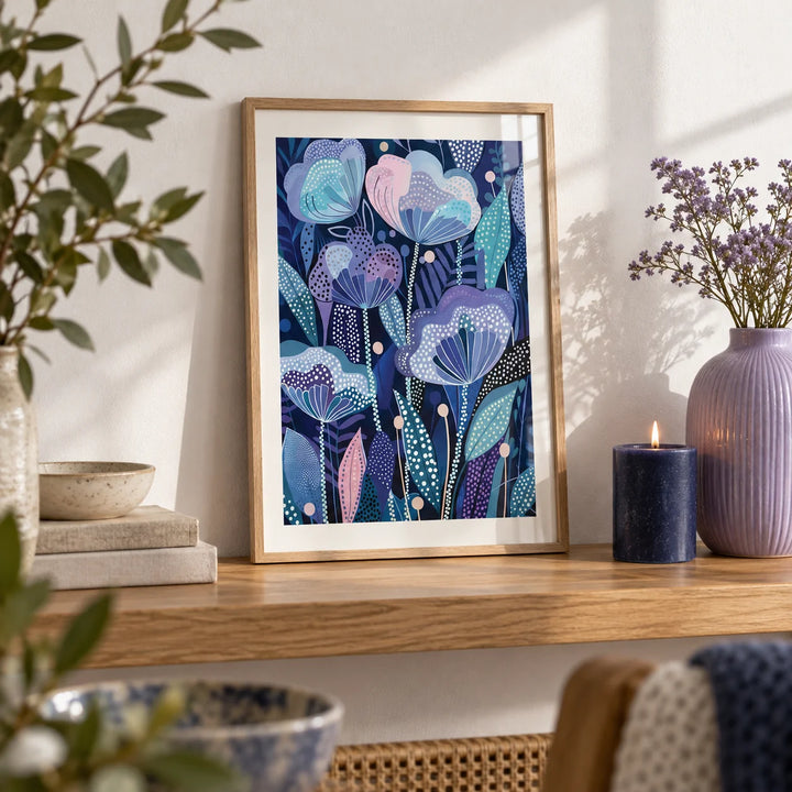 Purple Flower Poster, a small A4 framed print leaning on an oak shelf in a living room