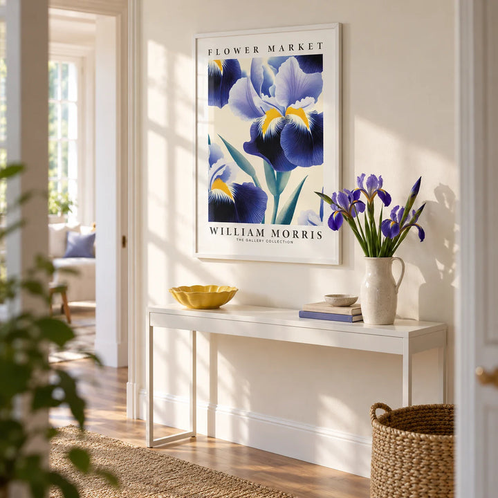Purple Flower Wall Art, framed on the wall of a bright hallway with a warm white wall