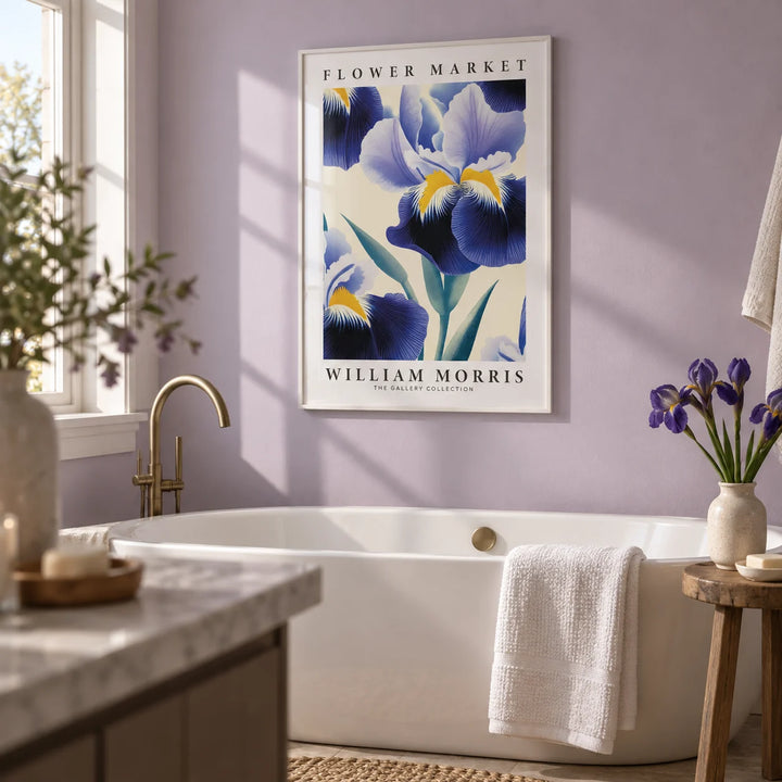 Purple Flower Wall Art, framed on the wall of a calm bathroom with a soft lilac painted wall