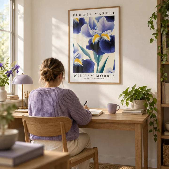 Purple Flower Wall Art, framed on the wall of a calm home office with a warm white wall