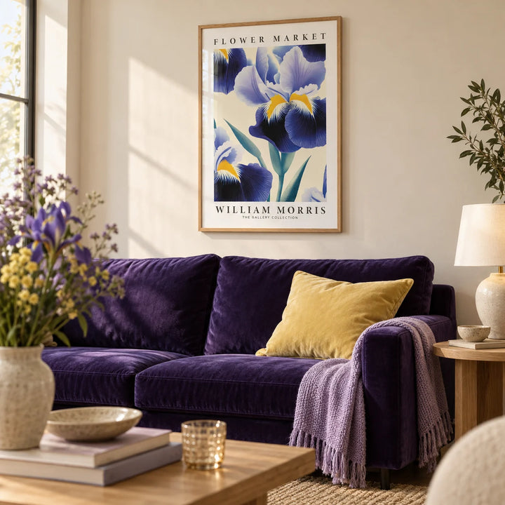 Purple Flower Wall Art, framed on the wall of a calm living room with a warm cream wall