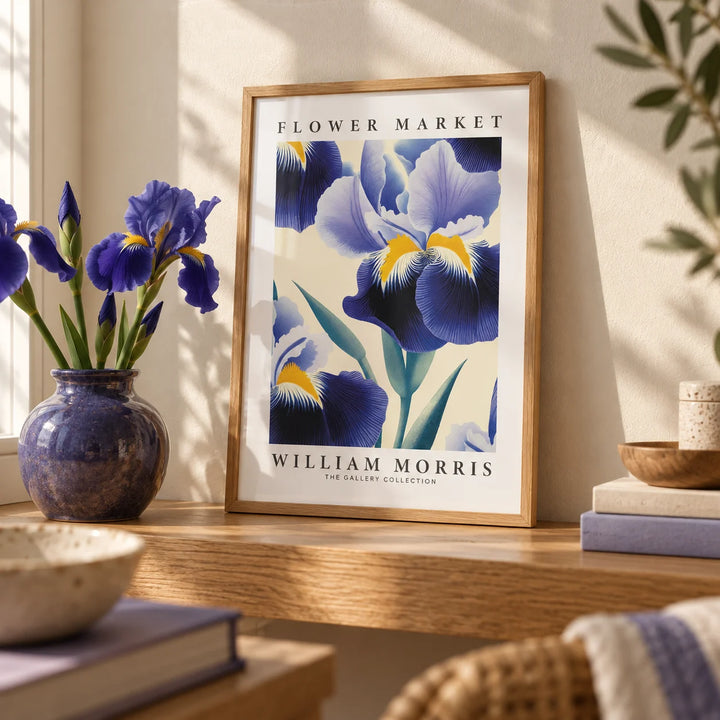 Purple Flower Wall Art, a small A4 framed print leaning on an oak shelf in a living room