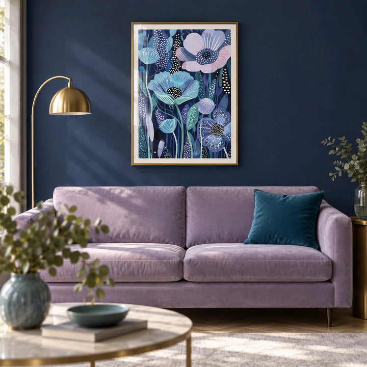 Purple Home Decor, framed on the wall of a modern living room with one plain navy painted wall