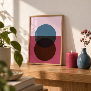 Purple Wall Art, a small A4 framed print leaning on an oak shelf in a living room