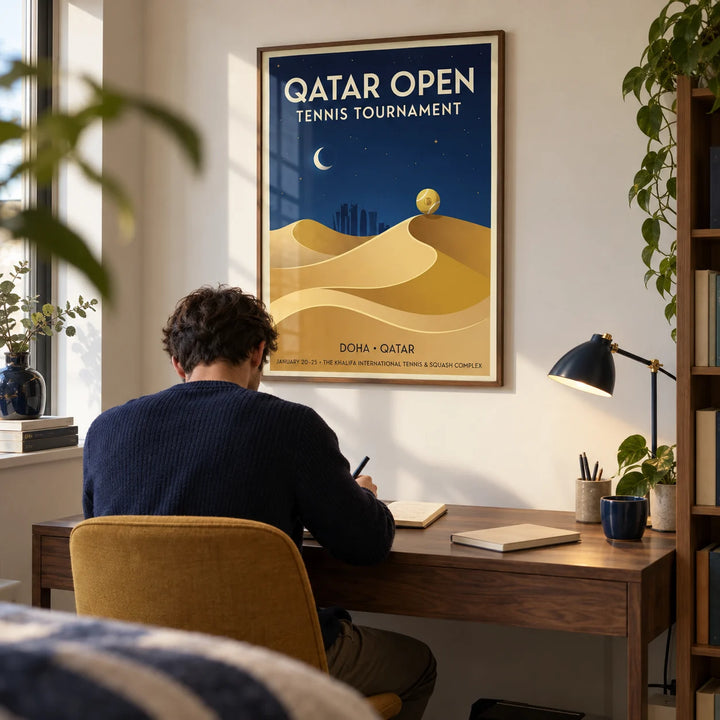 Qatar Open Tennis Print, framed on the wall of a compact study in a young adult’s UK first flat (22-28) with a warm white wall