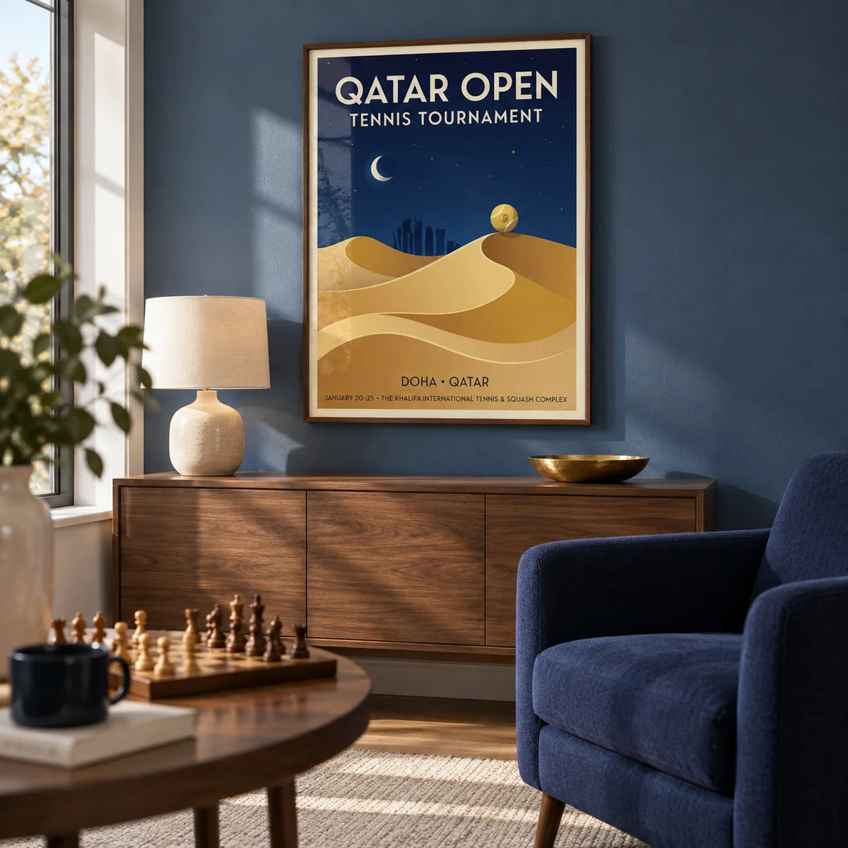 Qatar Open Tennis Print, framed on the wall of a contemporary tennis fan’s games snug in a UK home with a muted blue wall in a living room