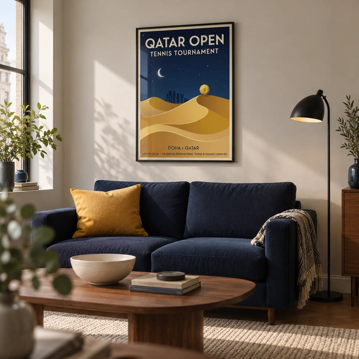 Qatar Open Tennis Print, framed on the wall of a design-led living room in a UK city flat with a pale warm grey wall and walnut furniture