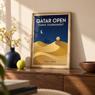 Qatar Open Tennis Print, a small A4 framed print leaning on a walnut sideboard in a living room
