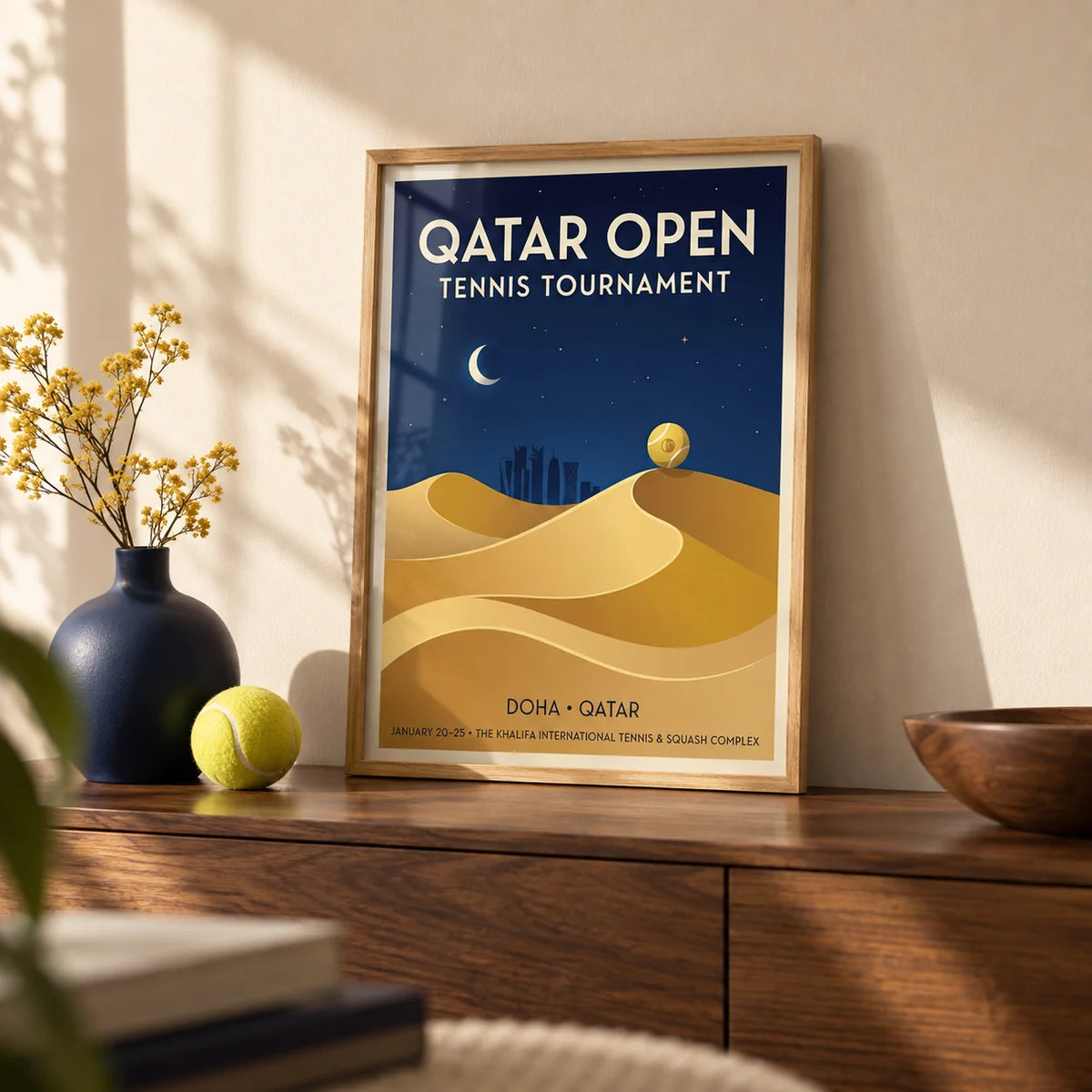Qatar Open Tennis Print, a small A4 framed print leaning on a walnut sideboard in a living room