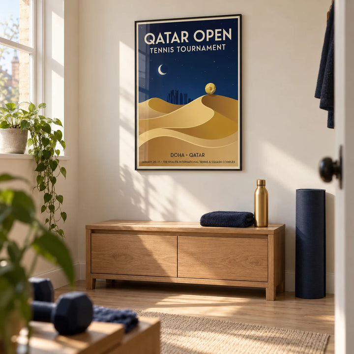 Qatar Open Tennis Print, framed on the wall of a small home exercise room in a UK terraced house with a cream wall and pale timber floor