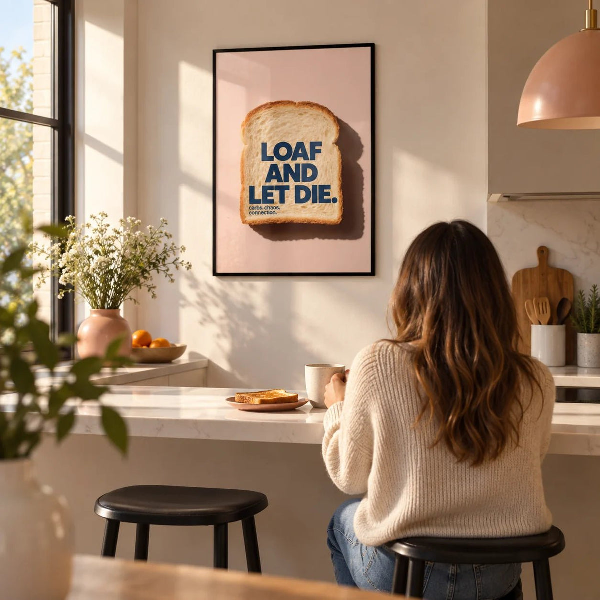 Quirky Kitchen Art, framed on the wall of a breakfast bar in an open-plan kitchen