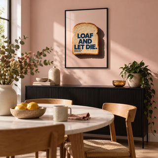 Quirky Kitchen Art, framed on the wall of a modern dining room with a blush pink wall