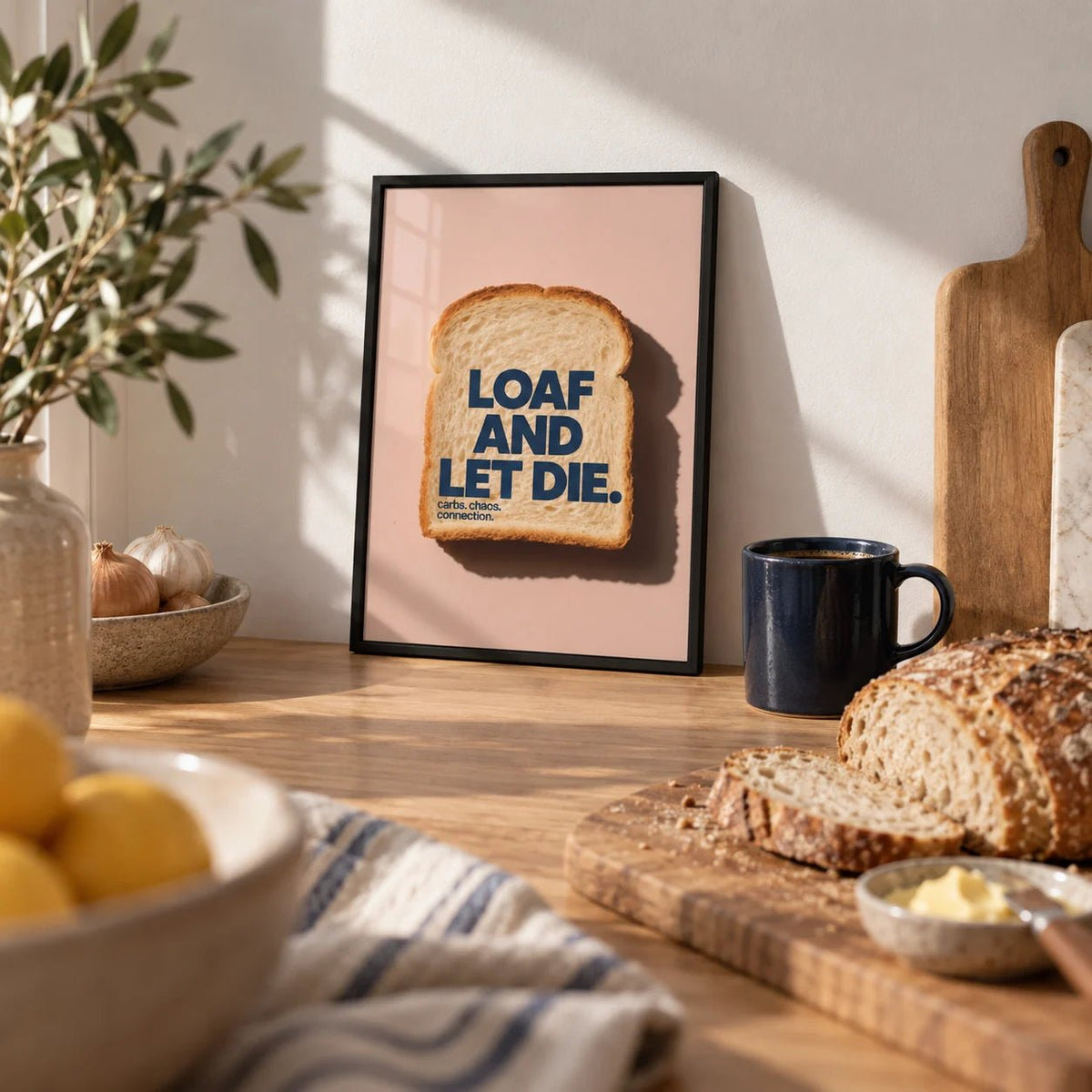 Quirky Kitchen Art, a small A4 framed print leaning on an oak worktop