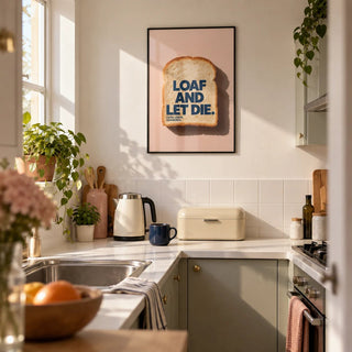 Quirky Kitchen Art, framed on the wall of a small galley kitchen in a first flat (24-30)