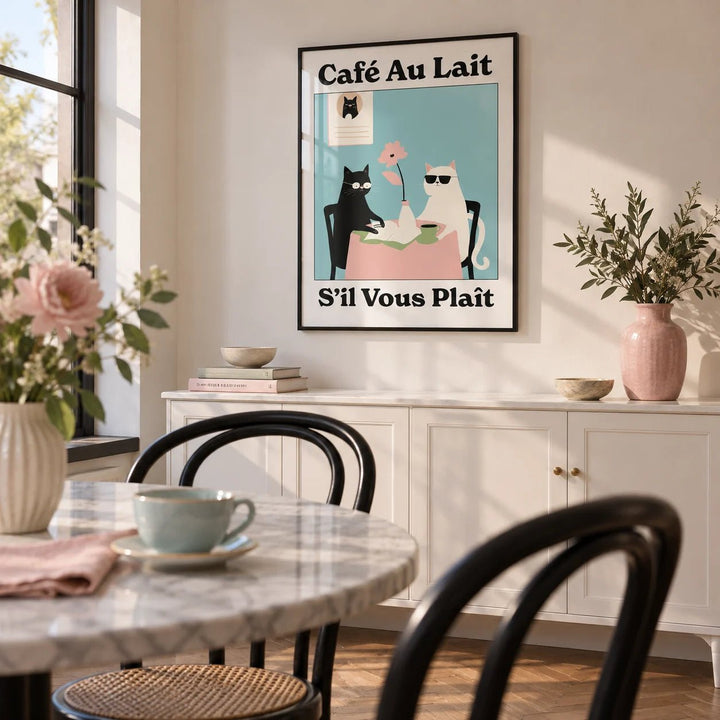 Quirky Kitchen Wall Art, framed on the wall of a bistro style dining room