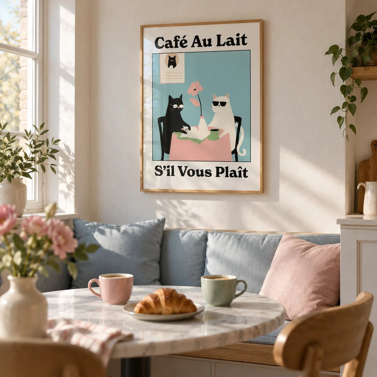 Quirky Kitchen Wall Art, framed on the wall of a breakfast nook