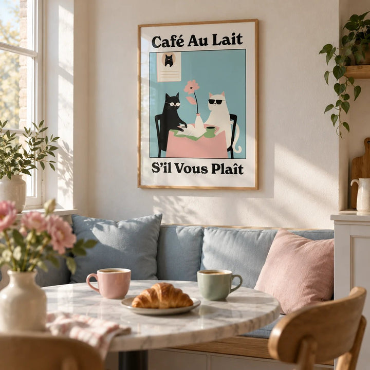 Quirky Kitchen Wall Art, framed on the wall of a breakfast nook