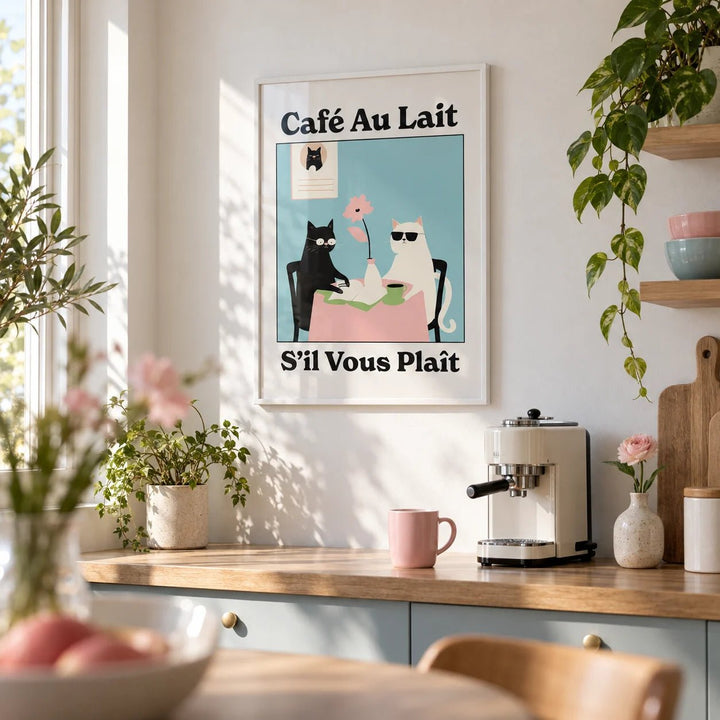 Quirky Kitchen Wall Art, framed on the wall of a bright kitchen