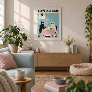 Quirky Kitchen Wall Art, framed on the wall of a first-flat living room