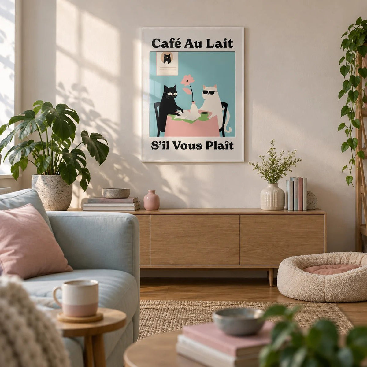 Quirky Kitchen Wall Art, framed on the wall of a first-flat living room