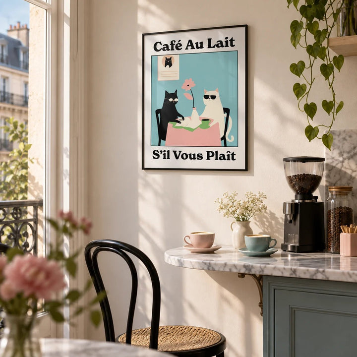 Quirky Kitchen Wall Art, framed on the wall of a Parisian style home café corner
