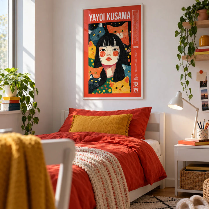 Quirky Wall Art, framed on the wall of a fun single bedroom for a teen girl (13-17) with a white wall